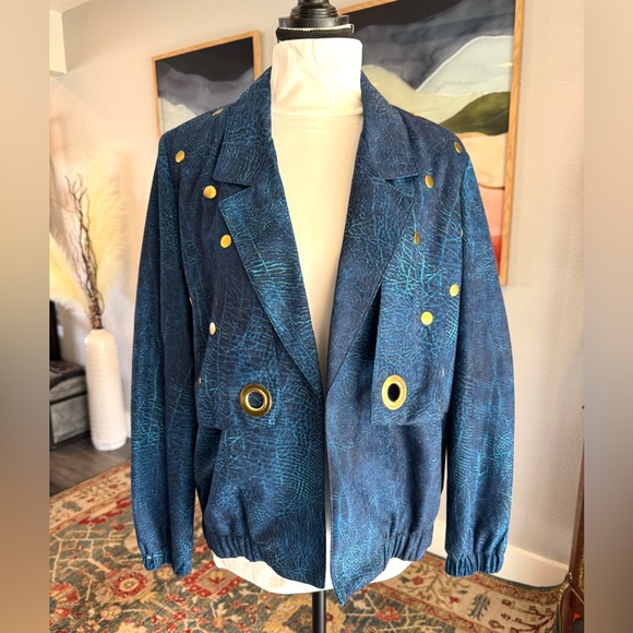 Vintage Jackets & Blazers - Vintage Regal Blue Reptile Jacket with Gold Accents